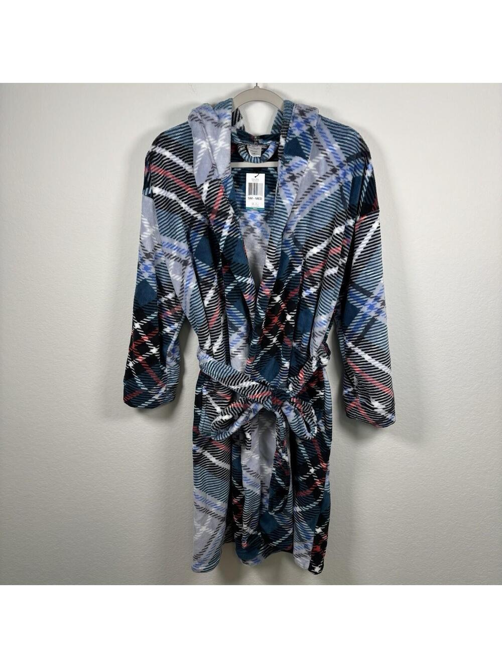 NWT Women’s VERA BRADLEY Plush Fleece Hooded Bathrobe Blue Plaid Small/Medium